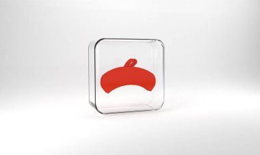 Red French beret icon isolated on grey background. Glass square button. 3d illustration 3D render.