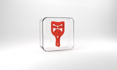 Red Carnival mask icon isolated on grey background. Masquerade party mask. Glass square button. 3d illustration 3D render.