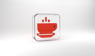 Red Coffee cup icon isolated on grey background. Tea cup. Hot drink coffee. Glass square button. 3d illustration 3D render.