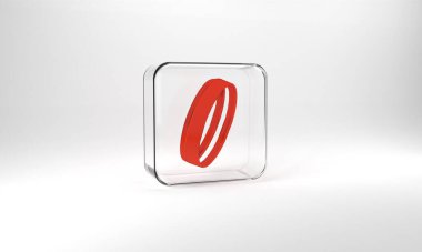 Red Wedding ring icon isolated on grey background. Bride and groom jewelry sign. Marriage symbol. Diamond ring. Glass square button. 3d illustration 3D render.