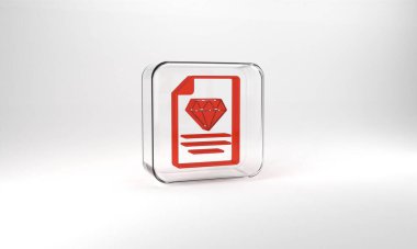 Red Certificate of the diamond icon isolated on grey background. Glass square button. 3d illustration 3D render.