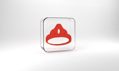 Red King crown icon isolated on grey background. Glass square button. 3d illustration 3D render.