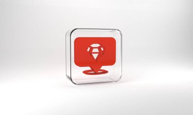 Red Diamond icon isolated on grey background. Jewelry symbol. Gem stone. Glass square button. 3d illustration 3D render.