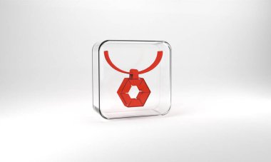 Red Pendant on necklace icon isolated on grey background. Glass square button. 3d illustration 3D render.