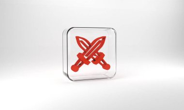 Red Crossed medieval sword icon isolated on grey background. Medieval weapon. Glass square button. 3d illustration 3D render.