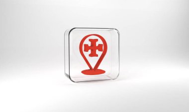 Red Crusade icon isolated on grey background. Glass square button. 3d illustration 3D render.