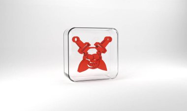 Red Crossed medieval sword with skull icon isolated on grey background. Medieval weapon. Glass square button. 3d illustration 3D render.