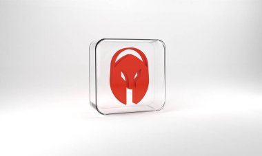 Red Medieval iron helmet for head protection icon isolated on grey background. Knight helmet. Glass square button. 3d illustration 3D render.