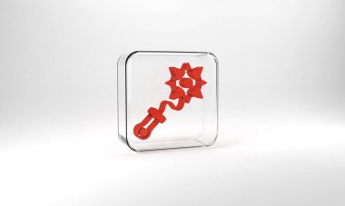 Red Medieval chained mace ball icon isolated on grey background. Morgenstern medieval weapon or mace with spikes. Glass square button. 3d illustration 3D render.