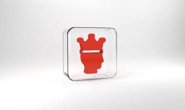 Red King crown icon isolated on grey background. Glass square button. 3d illustration 3D render.