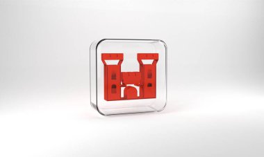 Red Castle icon isolated on grey background. Medieval fortress with a tower. Protection from enemies. Reliability and defense of the city. Glass square button. 3d illustration 3D render.