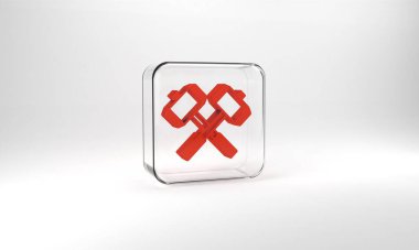 Red Medieval crossed battle hammers icon isolated on grey background. Glass square button. 3d illustration 3D render.