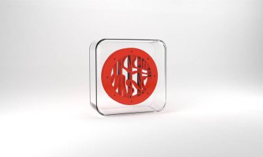 Red Round wooden shield icon isolated on grey background. Security, safety, protection, privacy, guard concept. Glass square button. 3d illustration 3D render.