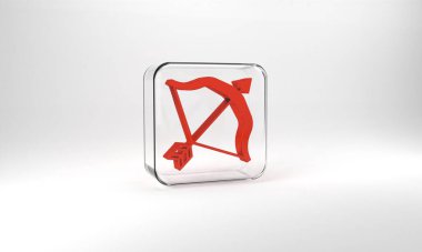 Red Medieval bow and arrow icon isolated on grey background. Medieval weapon. Glass square button. 3d illustration 3D render.