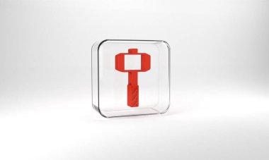 Red Medieval battle hammer icon isolated on grey background. Glass square button. 3d illustration 3D render.