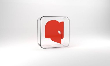 Red Medieval iron helmet for head protection icon isolated on grey background. Knight helmet. Glass square button. 3d illustration 3D render.