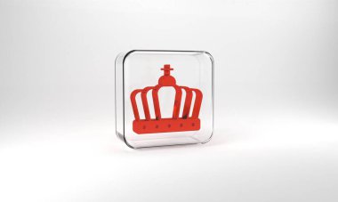 Red King crown icon isolated on grey background. Glass square button. 3d illustration 3D render.