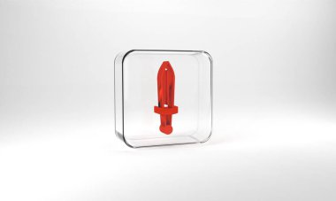 Red Medieval sword icon isolated on grey background. Medieval weapon. Glass square button. 3d illustration 3D render.