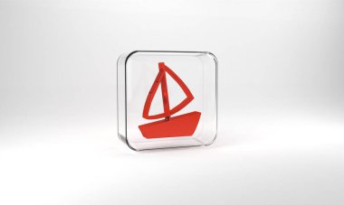 Red Yacht sailboat or sailing ship icon isolated on grey background. Sail boat marine cruise travel. Glass square button. 3d illustration 3D render.