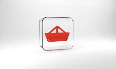 Red Folded paper boat icon isolated on grey background. Origami paper ship. Glass square button. 3d illustration 3D render.