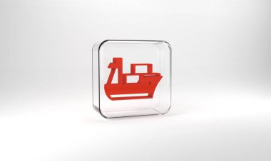 Red Cargo ship icon isolated on grey background. Glass square button. 3d illustration 3D render.