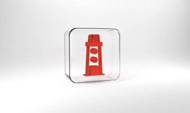 Red Lighthouse icon isolated on grey background. Glass square button. 3d illustration 3D render.