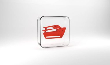 Red Speedboat icon isolated on grey background. Glass square button. 3d illustration 3D render.