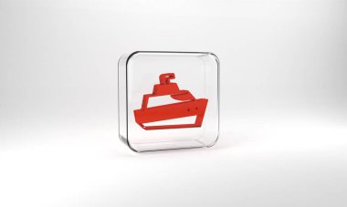 Red Speedboat icon isolated on grey background. Glass square button. 3d illustration 3D render.
