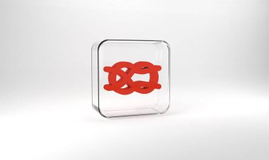 Red Nautical rope knots icon isolated on grey background. Rope tied in a knot. Glass square button. 3d illustration 3D render.