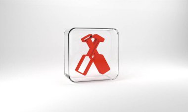 Red Crossed oars or paddles boat icon isolated on grey background. Glass square button. 3d illustration 3D render.