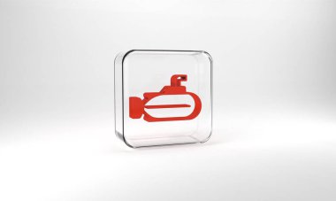 Red Submarine icon isolated on grey background. Military ship. Glass square button. 3d illustration 3D render.