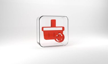 Red Add to Shopping basket icon isolated on grey background. Online buying concept. Delivery service. Supermarket basket symbol. Glass square button. 3d illustration 3D render.