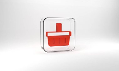 Red Shopping basket icon isolated on grey background. Online buying concept. Delivery service sign. Shopping cart symbol. Glass square button. 3d illustration 3D render.