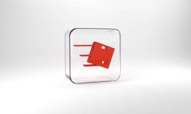 Red Location with cardboard box icon isolated on grey background. Delivery services, logistic and transportation, distribution. Glass square button. 3d illustration 3D render.