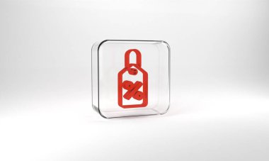 Red Discount percent tag icon isolated on grey background. Shopping tag sign. Special offer sign. Discount coupons symbol. Glass square button. 3d illustration 3D render.