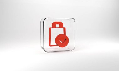 Red Paper shopping bag icon isolated on grey background. Package sign. Glass square button. 3d illustration 3D render.