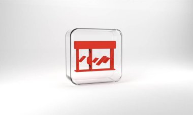 Red Shopping building or market store icon isolated on grey background. Shop construction. Glass square button. 3d illustration 3D render.