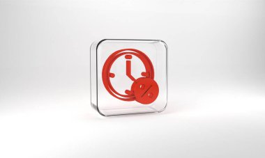 Red Clock and percent discount icon isolated on grey background. Glass square button. 3d illustration 3D render.