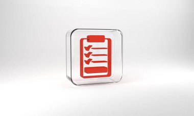 Red Clipboard with checklist icon isolated on grey background. Control list symbol. Survey poll or questionnaire feedback form. Glass square button. 3d illustration 3D render.