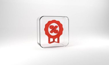 Red Discount percent tag icon isolated on grey background. Shopping tag sign. Special offer sign. Discount coupons symbol. Glass square button. 3d illustration 3D render.