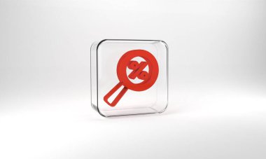 Red Magnifying glass with percent discount icon isolated on grey background. Discount offers searching. Search for discount sale sign. Glass square button. 3d illustration 3D render.