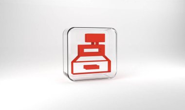 Red Cash register machine with a check icon isolated on grey background. Cashier sign. Cashbox symbol. Glass square button. 3d illustration 3D render.
