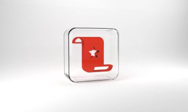 Red Paper check and financial check icon isolated on grey background. Paper print check, shop receipt or bill. Glass square button. 3d illustration 3D render.