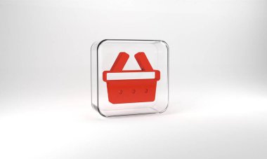 Red Shopping basket icon isolated on grey background. Online buying concept. Delivery service sign. Shopping cart symbol. Glass square button. 3d illustration 3D render.