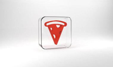 Red Slice of pizza icon isolated on grey background. Fast food menu. Glass square button. 3d illustration 3D render.