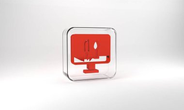 Red Online ordering and fast food delivery icon isolated on grey background. Glass square button. 3d illustration 3D render.