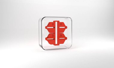 Red Lunch box icon isolated on grey background. Glass square button. 3d illustration 3D render.