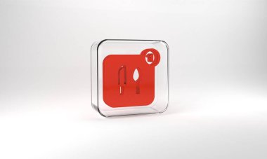 Red Food ordering icon isolated on grey background. Order by mobile phone. Restaurant food delivery concept. Glass square button. 3d illustration 3D render.