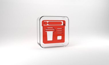 Red Online ordering and fast food delivery icon isolated on grey background. Glass square button. 3d illustration 3D render.