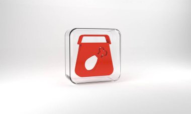 Red Online ordering and fast food delivery with meal icon isolated on grey background. Glass square button. 3d illustration 3D render.